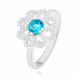 Inel strălucitor, argint 925, floare din zirconiu - petale transparente, centru albastru deschis - Marime inel: 58