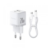 Incarcator Retea Cu Cablu USB-C Baseus Palm, 20W, 3A, 1 x USB-A - 1 x USB-C, Alb P10111608213-01