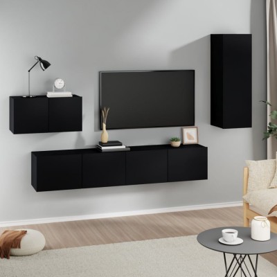 Set dulap TV, 4 piese, negru, lemn prelucrat foto