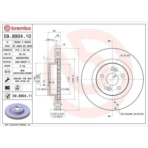 Set disc frana Renault Clio 3 (Br0/1 Cr0/1) 01.05-12.14, Megane 2 (Bm0/1 Cm0/1) 07.01-10.12, Fata, 312X28mm, ventilat, BREMBO