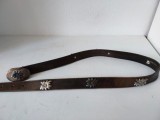 Curea de piele naturala, maro, vintage, cu catarama si 6 tinte cu floare de colt, 80cm lungime x 2.5cm latime