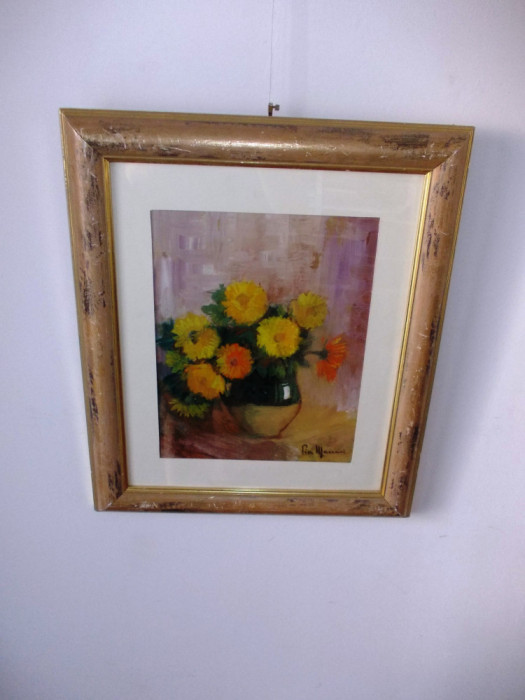 Pia MASSACI C&Atilde;PSUNEANU (1908-1992) &quot;Vas cu flori&quot; ulei/carton, tablou autentic