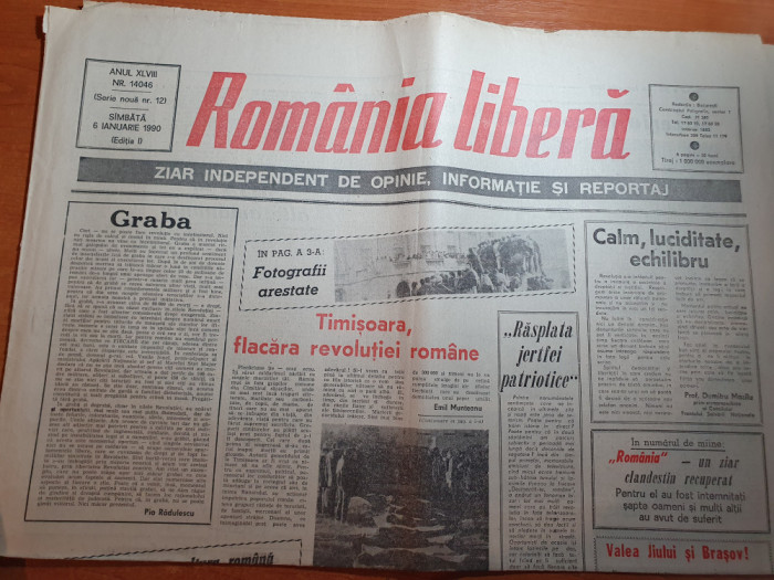 romania libera 6 ianuarie 1990-timisoara flacara revolutiei romane,revolutia