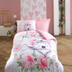 Lenjerie de pat pentru o persoana Young, 3 piese, 160x220 cm, 100% bumbac ranforce, Cotton Box, Koala, roz