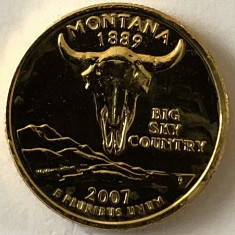 AMERICA QUARTER 1/4 DOLLAR 2007 LITERA D. (Craniu de bizon - MONTANA),PLACAT AUR