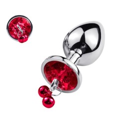 Dop Anal Metalic cu Clopotei Ring My Bells, Argintiu/Rosu, Medium, 8 cm, Passion Labs