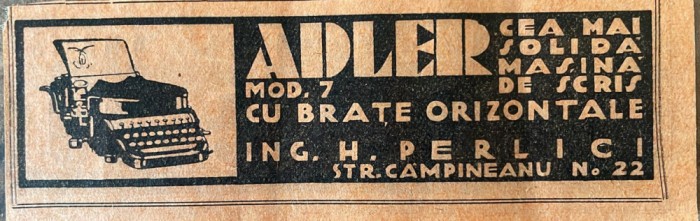 1931 Reclamă rom&acirc;nească la Masina de scris ADLER / Inginer H. PERLICI Bucuresti interbelic Str Campineanu nr 22 Romania captalista mesteri
