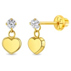 Cercei din Aur 14K pentru Bebelusi si Copii, model Heart Dangle cu Piatra CZ clara, inchidere cu Filet si Protectie