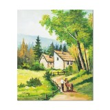 Tablou pictat manual, Pe plaiuri mioritice, taran si cal, 60x50cm ulei pe panza, gata de expus pe perete