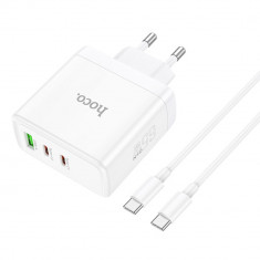 Incarcator pentru Priza GaN, Fast Charging, USB, 2x Type-C, 65W + Cablu Type-C, Hoco Glory (N30), White