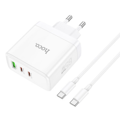 Incarcator pentru Priza GaN, Fast Charging, USB, 2x Type-C, 65W + Cablu Type-C, Hoco Glory (N30), White foto