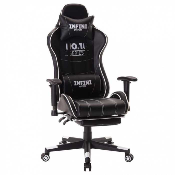 Scaun de gaming, cu suport de picioare, negru-alb, Infini no.16