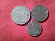 3 Monede Romania zinc : 2 lei 1941 , 5 lei 1942 si 20 lei 1942 cal. Buna- F.Buna
