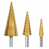 Set 3 burghie conice, dimensiuni diferite, otel HSS cu acoperire titan, tip HEX, auriu , precizie profesionala, durabilitate si performanta superioara