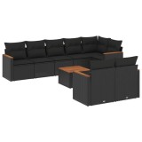 Set mobilier de gradina cu perne, 9 piese, negru, poliratan