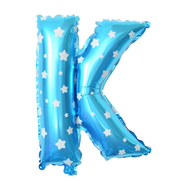 Balon folie metalizata litera k, flippy, 40 cm, cu imprimeu stelute, umflati cu heliu sau aer, ambalaj individual, pai inclus, albastru