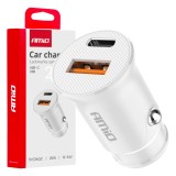 Incarcator auto AMiO USB-A + USB-C 20W, 12-24V DC, alb, cu 2 porturi pentru incarcare rapida si eficienta a dispozitivelor