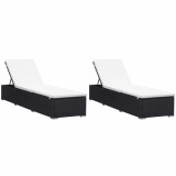 Set 2 Șezlonguri vidaXL Poliratan Negru cu Perne Crem, Reglabile, 195x60x31 cm - Ideal Gradina/Terasa