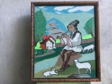 arta / design / vintage - Tablou goblen , cusatura peisaj de tara cu pastor de oi in costum popular !