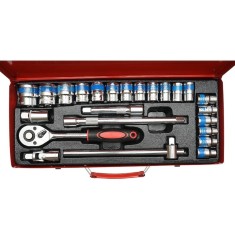 Trusa chei tubulare 1 2 24 piese 8-32mm cu clichet, extensii si adaptor, set profesional pentru mecanica auto si reparatii