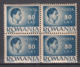 ROMANIA 1945/1947 LP 188 REGELE MIHAI I VALOAREA 80 LEI EROARE LINIE VERTICALA SI PUNCT INTRE A DIN POSTA SI E DIN LEI STANGA SUS BLOC DE 4 TIMBRE MNH, Nestampilat