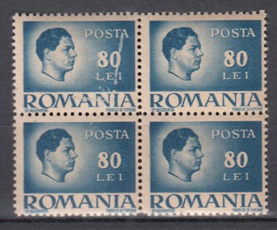 ROMANIA 1945/1947 LP 188 REGELE MIHAI I VALOAREA 80 LEI EROARE LINIE VERTICALA SI PUNCT INTRE A DIN POSTA SI E DIN LEI STANGA SUS BLOC DE 4 TIMBRE MNH foto