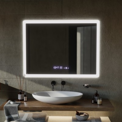 Oglinda LED Rectangulara, 80x60cm, Zampa Senzor MotionGlow Marcello, Sistem Dezaburire, Ceas &amp;amp; Termometru, Dimabila ModernLight Concept foto