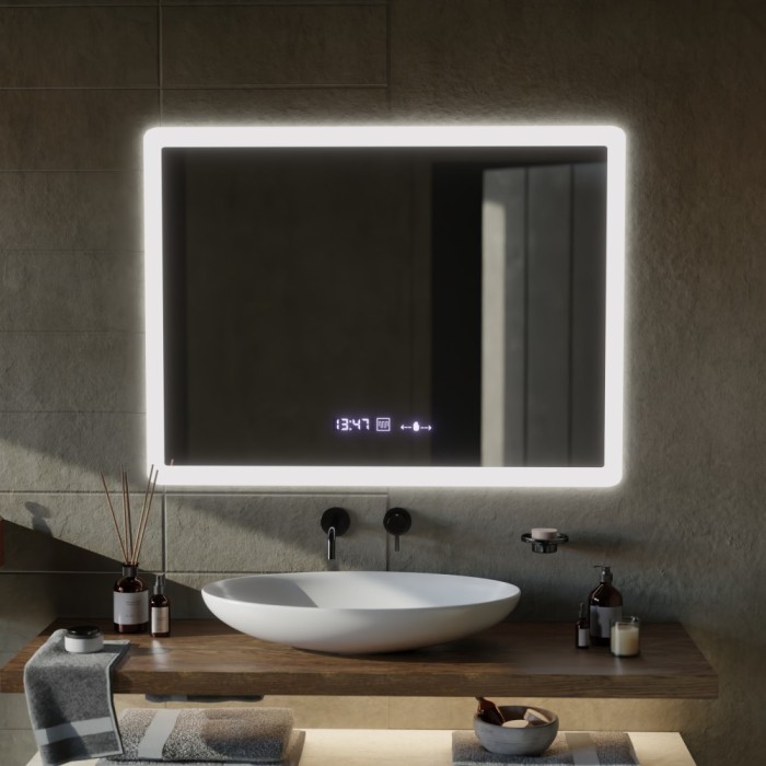 Oglinda LED Rectangulara, 80x60cm, Zampa Senzor MotionGlow Marcello, Sistem Dezaburire, Ceas &amp; Termometru, Dimabila ModernLight Concept