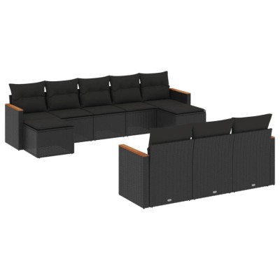 Set canapele de gradina cu perne, 10 piese, negru, poliratan foto