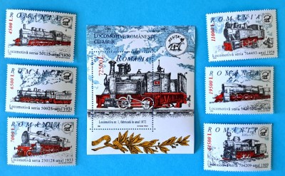 TIMBRE ROMANIA LP 1592+1593/2002- Lcomotive rom&amp;acirc;nești cu abur-Serie +colită MNH foto