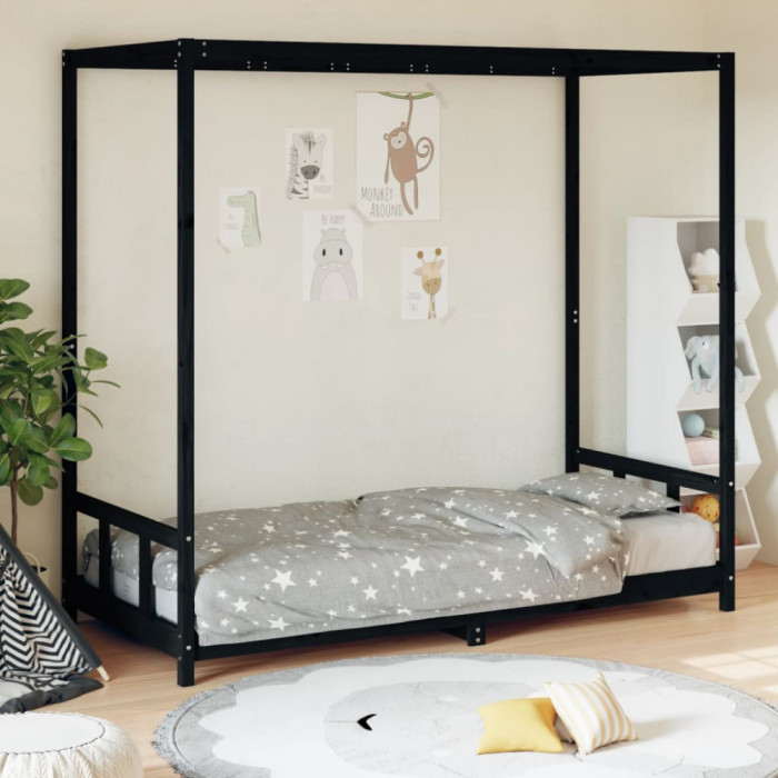 vidaXL Cadru pat pentru copii, negru, 90x200 cm, lemn masiv de pin