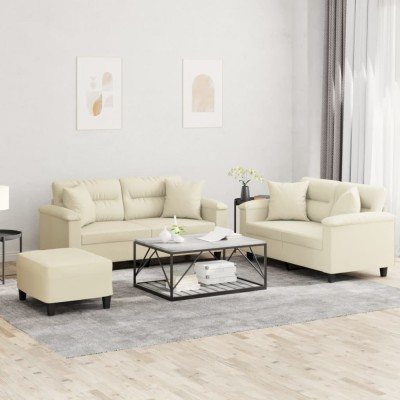 vidaXL Set de canapele cu perne, 3 piese, crem, piele ecologică 3202378 foto