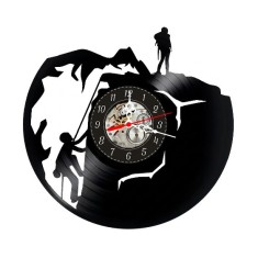 Ceas de perete din disc vinil, Tematică Alpinism / Escaladă, Design cu Siluete Alpiniști pe Munte, Negru