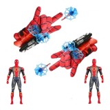 Set 2 Manusi Spiderman cu Lansator Ventuze si Figurina, IdeallStore&reg;, Rosu, Baieti, 3+ Ani