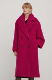 HUGO palton de lana culoarea roz, de tranzitie, cu doua randuri de nasturi