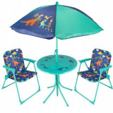 Set mobilier gradina/terasa pentru copii, pliabil, albastru, model dinozauri, 1 masa cu umbrela, 2 scaune, Ergos GartenVIP DiyLine, Jumi
