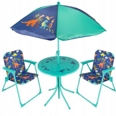 Set mobilier gradina/terasa pentru copii, pliabil, albastru, model dinozauri, 1 masa cu umbrela, 2 scaune, Ergos GartenVIP DiyLine foto
