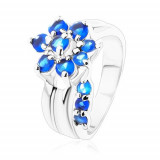 Inel lucios cu bra&Aring;&pound;e despicate, floare din zirconii albastre - Marime inel: 49