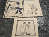 Lot 3 lucrari grafica, tus, caricaturi Cik Damadian, hartie razboi, cca 13x17 cm, Portrete, Carbune, Avangardism