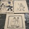 Lot 3 lucrari grafica, tus, caricaturi Cik Damadian, hartie razboi, cca 13x17 cm