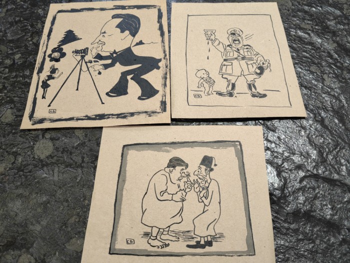 Lot 3 lucrari grafica, tus, caricaturi Cik Damadian, hartie razboi, cca 13x17 cm
