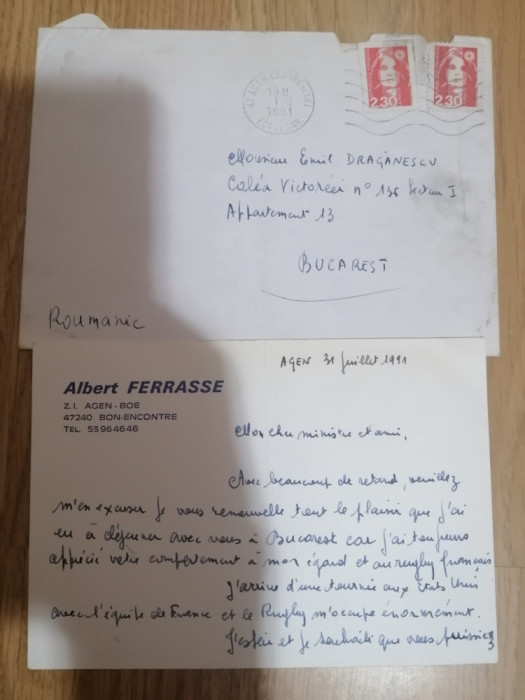 scrisoare Albert Ferrasse VP Federatiei Franceze de Rugby catre Emil Draganescu