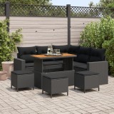 Set canapea gradina Gossi 8 piese cu perne negru poliratan acacia, set de masa gradina Gossi 3 piese cu perne negru poliratan acacia