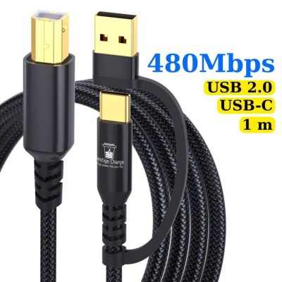 Cablu Imprimanta 2 in 1, PRESTIGE CHARGE&amp;reg;, USB-A si USB-C la USB-B 2.0, Lungime 1m, Compatibil cu Imprimanta, Fax, Laptop si PC, Plug and Play, Imprim foto