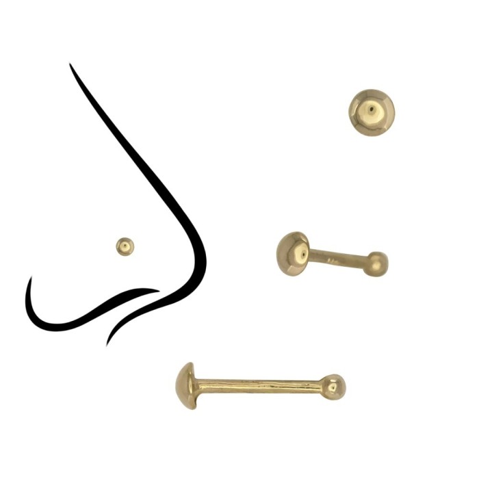 Piercing din Aur 14K pentru Nas, cu Biluta Semirotunda de 2mm &ndash; Prindere prin Presiune, Capat fix de 1mm (fara filet)