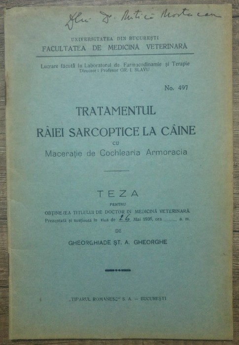 Tratamentul raiei sarcoptice la caine cu maceratie de Cochlearia Armoracia/ 1935