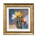 Cumpara ieftin Tablou inramat pictat manual, Anemone stilizate, 30x30cm ulei pe panza in cutit efect 3D, Geo Ungureanu