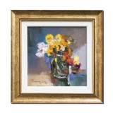 Tablou inramat pictat manual, Anemone stilizate, 30x30cm ulei pe panza in cutit efect 3D, Geo Ungureanu