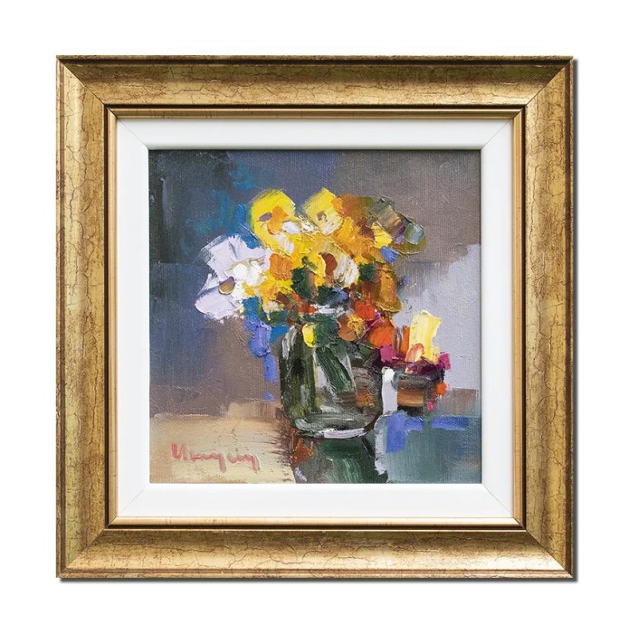 Tablou inramat pictat manual, Anemone stilizate, 30x30cm ulei pe panza in cutit efect 3D, Geo Ungureanu