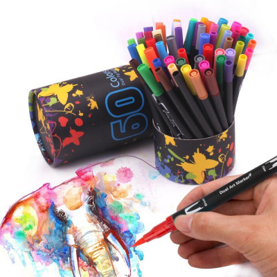 Set Markere Duble 60 culori desen Pix liner Fine Brush 2 Carti colorat desenat foto